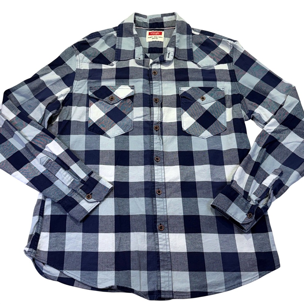 Wrangler Mens Buffalo Plaid Western Shirt Navy Blue Long Sleeve Large 1187C8